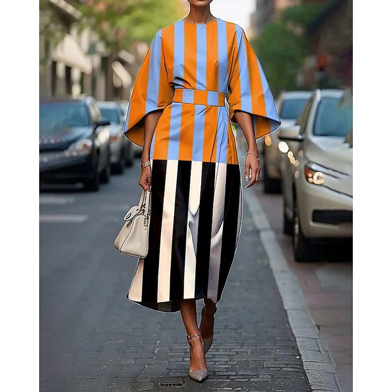 Women's Midi Dress Print Dress Elegant Fashion Outdoor Holiday Date Regular Fit Color Block Striped Half Sleeve Crew Neck Black White Summer