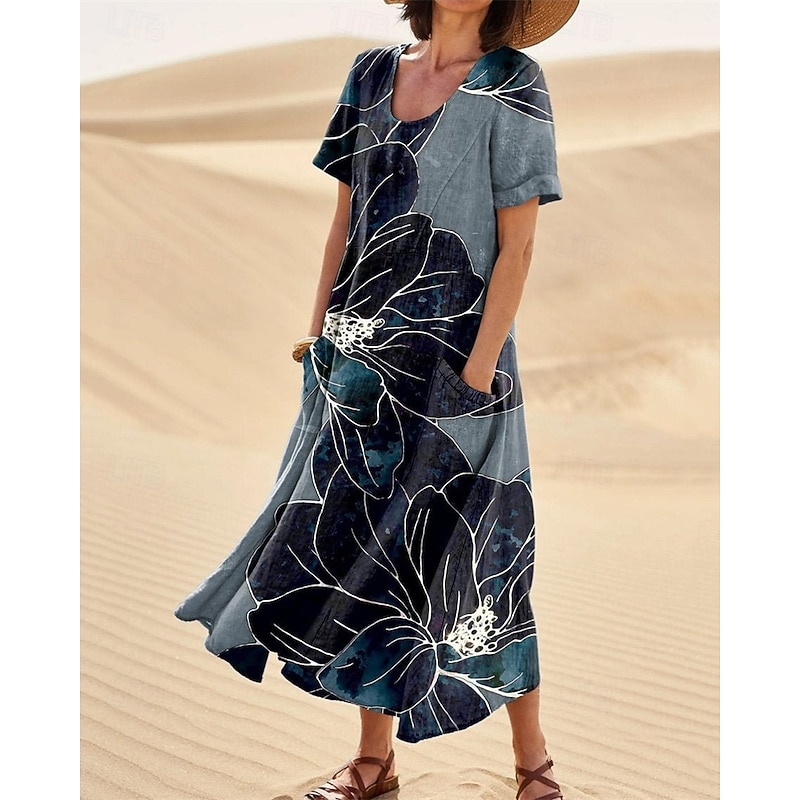 Women's Long Dress Maxi Dress Casual Dress Swing Dress Summer Dress Elegant Fashion Romantic Outdoor Party Holiday Regular Fit Flower Short Sleeve Crew Neck Black Blue Green Summer2