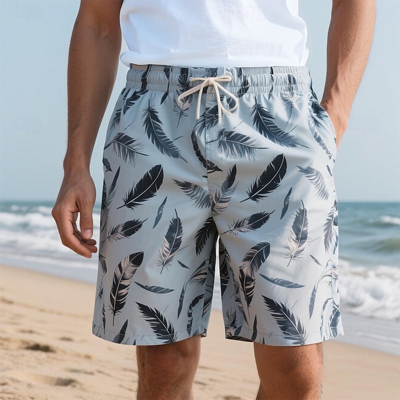 Men's Shorts Beach Shorts Drawstring Feather Breathable Quick Dry Knee Length Outdoor Vacation Party Vacation Hawaiian Dusty Blue Micro-elastic