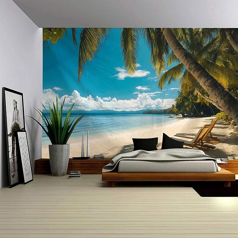 Beach Coconut Tree Landscape Summer Hanging Tapestry Mural Art Large Tapestry Mural Decoration Photos Background Carpet Curtains Home Bedroom Living Room Decoration3