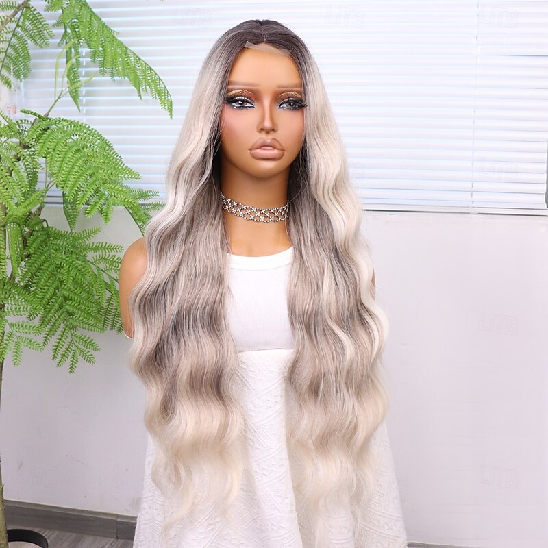 Synthetic Lace Wig Curly Style 28 inch Gray Middle Part U Part Wig Women's Wig Silver grey2