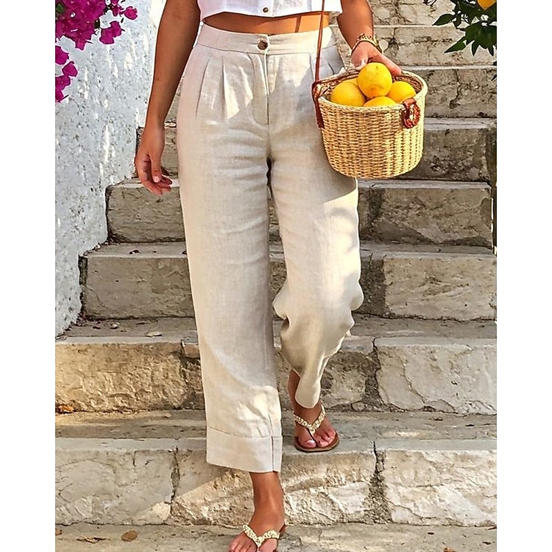 Women's Cotton Linen Pants Slacks Fashion Streetwear Full Length Natural Plain Pocket Elastic Waist Outdoor Comfortable Outdoor Going out Light Yellow Black White Green Summer Regular Fit