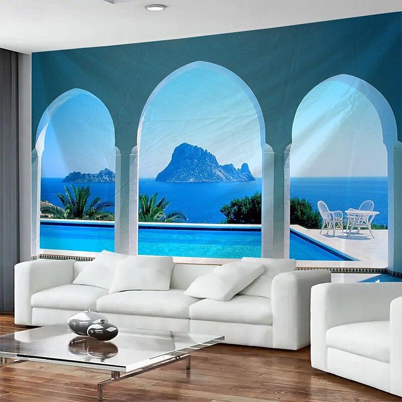 Outside The Window Balcony Sea View Hanging Tapestry Mural Art Large Tapestry Mural Decoration Photos Background Carpet Curtains Home Bedroom Living Room Decoration2