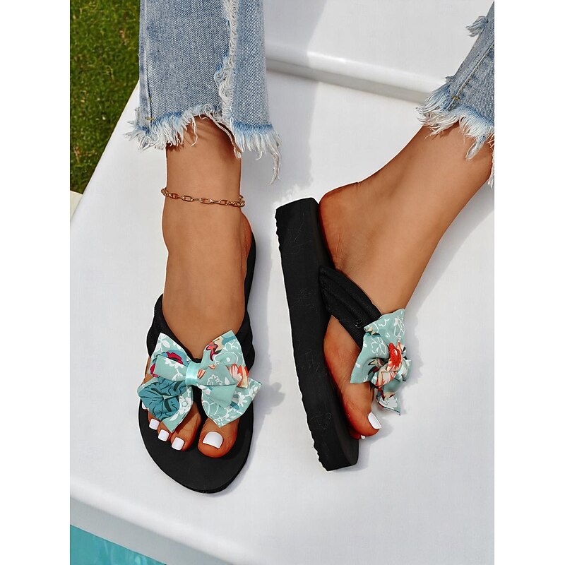 Women's Floral Bow Flip Flops – Casual Beach Sandals with Soft Sole and Cute Design for Poolside, Resort, and Summer Vacations - Main Image