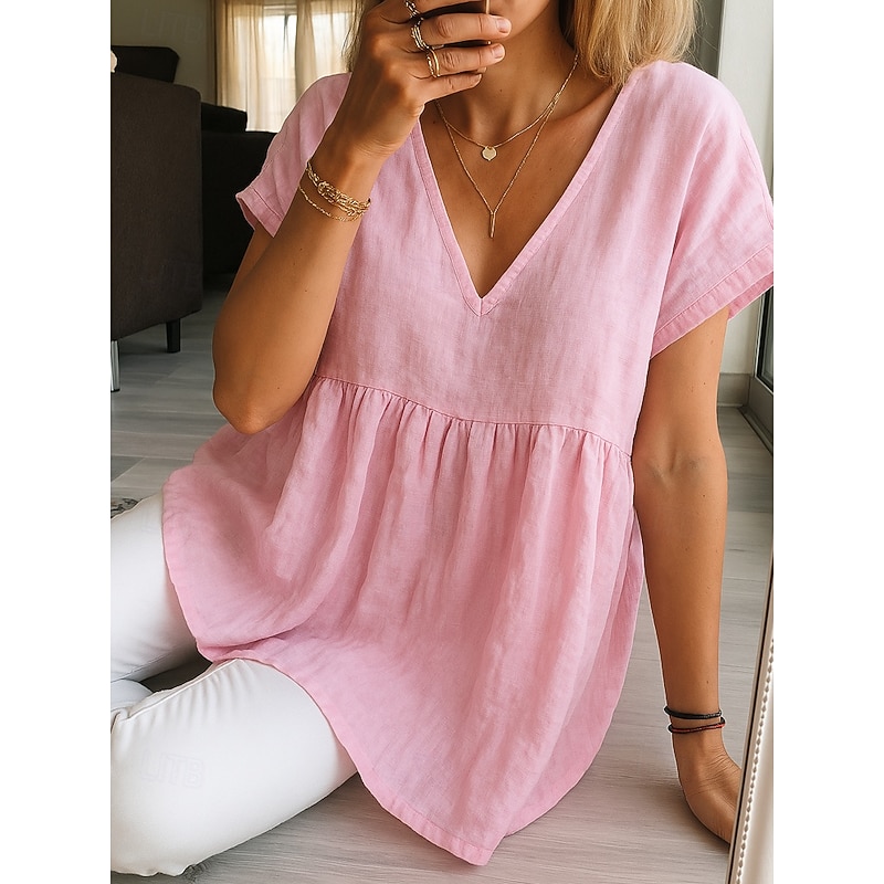 Women's Summer Tops Casual Short Sleeve V Neck Regular Tops Light Green Pink Red Dusty Blue Summer  Shirt Blouse Cotton Linen Shirts Plain Basic Modern Shirt3