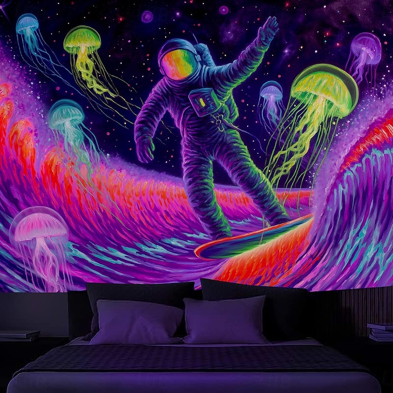 Blacklight Tapestry Glow in the Dark Glow Party UV Reactive Astronaut Dinasour Trippy Misty Nature Landscape Hanging Tapestry Wall Art Mural for Living Room Bedroom4