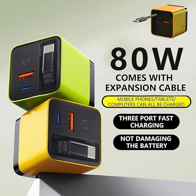 3 in 1 GaN Charger,Scalable 80w Max Fast Charger Module with Type-C Cable and 2 USB Ports, for iPhone, Phone and Laptops3