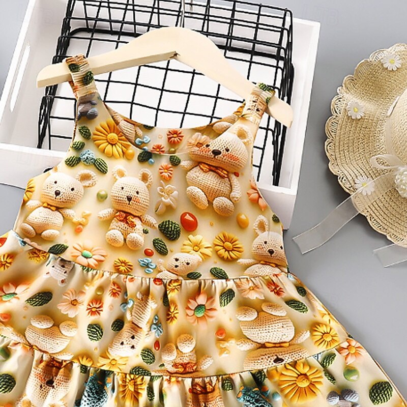 Kids Girls' Dress Flower Sleeveless Outdoor Ruched Adorable Viscose Fibre Knee-length Casual Dress Summer 4 years+ Yellow2