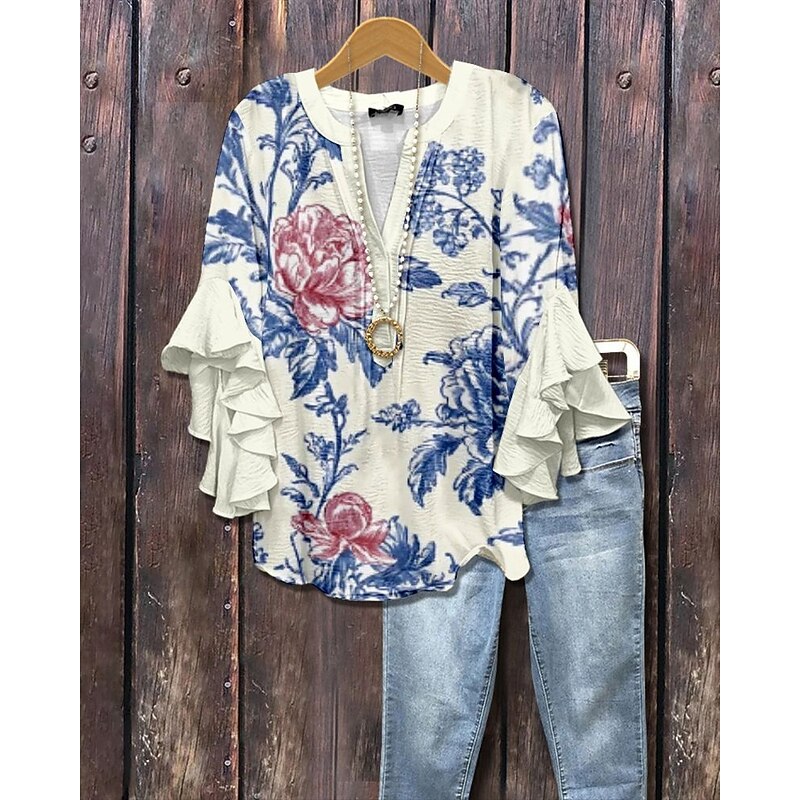 Women's T Shirt Tee Top Floral Paisley Fashion Modern Half Sleeve V Neck Regular Tops Daily Going out Ruffle Print Black White Rose Pink Summer Spring2