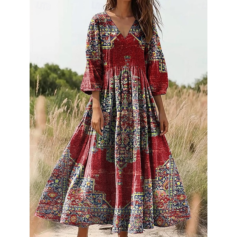 Women's Maxi Dress Sundress A Line Dress Pleated Dress Vacation Casual Boho Going out Standard Fit Floral Graphic Paisley 3/4 Length Sleeve V Neck Pink Red Blue Orange Summer Spring3