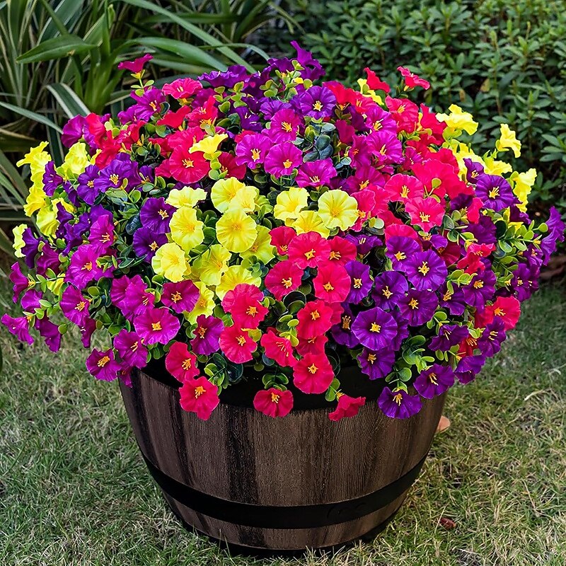 16 Bundles Artificial Faux Flowers for Outdoor - 4 Color Fake Morning Glory for Planter UV Resistant Fake Flowers for Home Porch Patio Outside