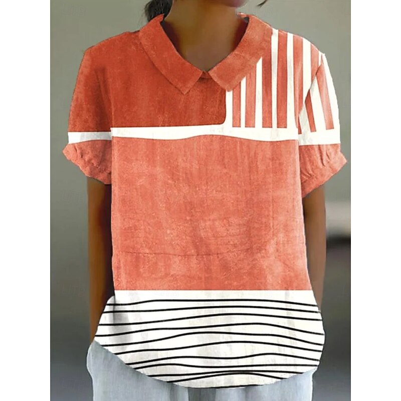 Women's Blouse Graphic Geometric Striped Elegant Daily Stylish Short Sleeve Shirt Collar Regular Tops Work Daily Holiday Lace Yellow Blue Orange Summer Spring3