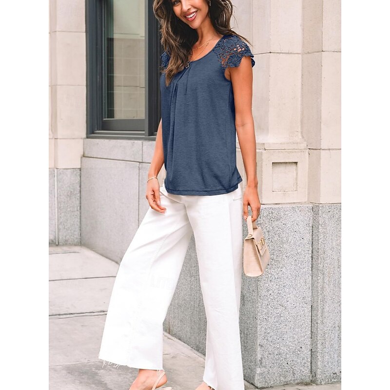 Women's T Shirt Solid Color Plain Fashion Stylish Classic Short Sleeve Crew Neck Regular Tops Daily Weekend Lace Patchwork Black Blue Green Khaki Summer3