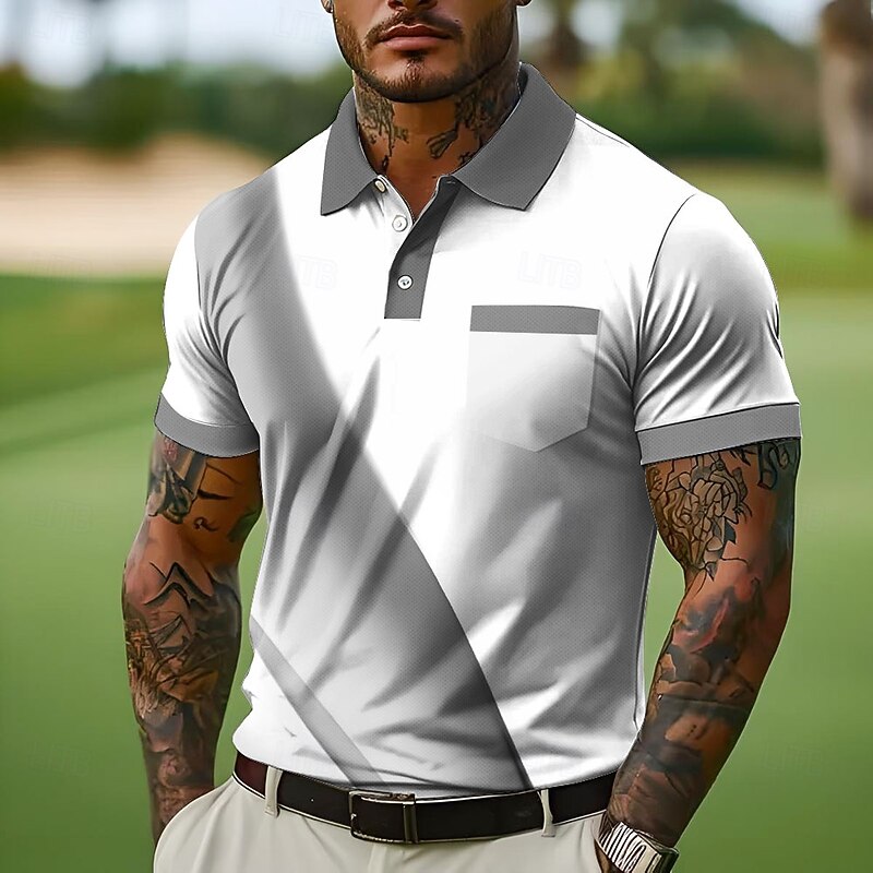 Men's Button Up Polos Business Casual Lapel Short Sleeve Office Geometic Line Buttons Pocket Summer Yellow Blue Orange Gray Button Up Polos4