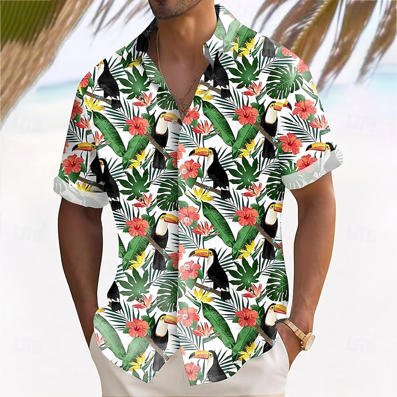 Men's Bird Tropical Flowers Parrot Summer Hawaiian Shirt Button Up Shirt Aloha Shirt Short Sleeve Hawaiian Resort Vacation Holiday Beach Wear Summer Spring Turndown 3D Print Collared Shirts White