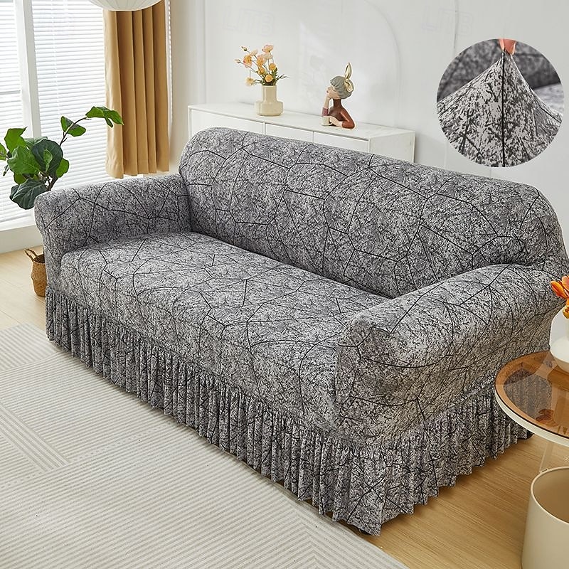 1PC Sofa Cover With Ruffle Fashionable Elastic Close Fitting Details Stretchable Machine Washable Reactive Printing - Suitable For Armchairs Double Sofas Triple And Quadruple Sofa Cover3