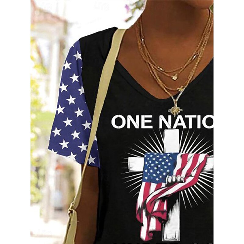 Women's Patriotic  T Shirt Graphic Flag American Flag Vintage Fashion Hawaiian Short Sleeve V Neck Regular Tops Daily Going out Weekend Print Black Red Summer Spring2