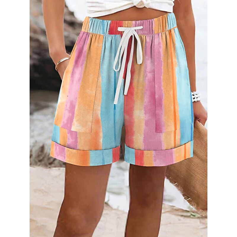 Women's Shorts Vacation Vintage Casual Short Mid Waist Graphic Striped Abstract Elastic Waist Vacation Street Violet Fuchsia Orange Summer Spring Regular Fit2