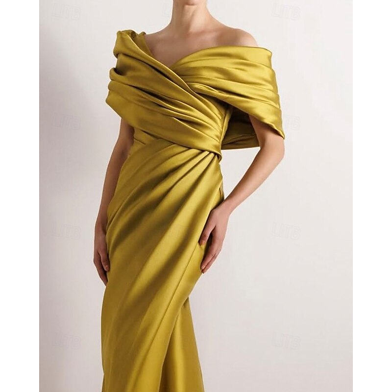 Dress High Fashion Mustard Dress Mermaid / Trumpet Portrait Collar Evening Gown Cocktail Dress Formal Wedding Floor Length Sleeveless Off Shoulder Satin with Ruched Details Slit2