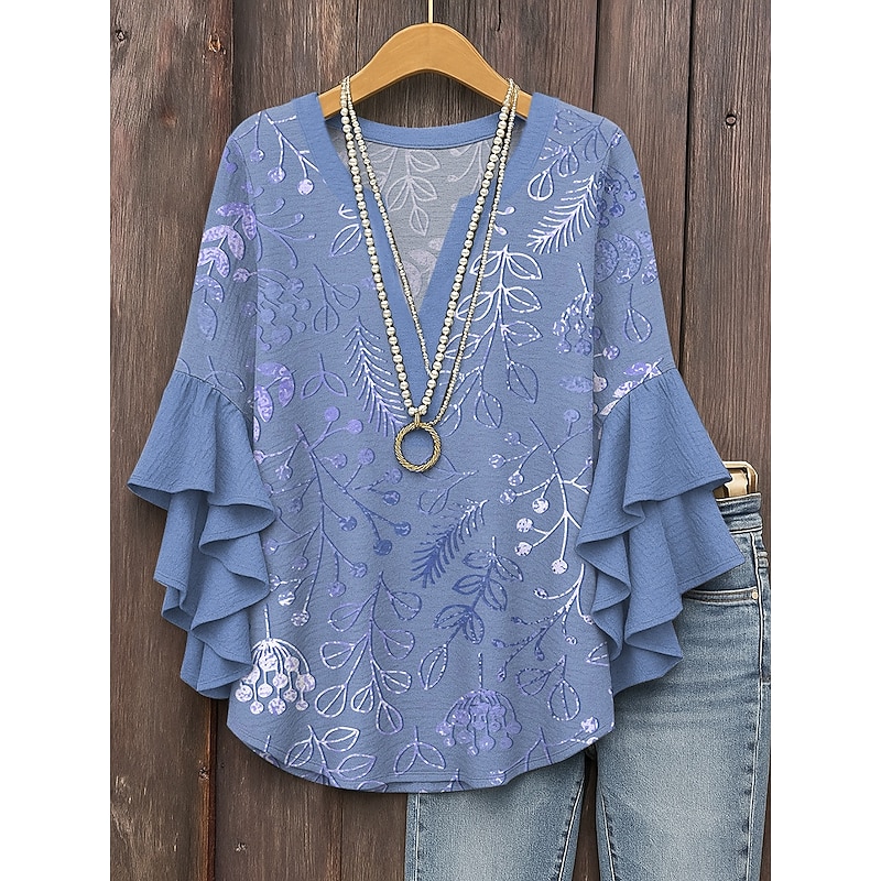Women's Blouse V Neck Layered Ruffle Sleeve Tops Floral Graphic Leaf Vintage Daily Ethnic 3/4 Length Sleeve Regular Tops Daily Holiday Vacation Wear Print Yellow Pink Blue Purple Green Summer Spring4
