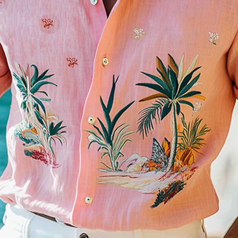 Men's Linen Shirt Summer Shirt Beach Wear Button Up Shirt Palm Tree Vacation Holiday Pink Short Sleeve Turndown Summer Spring Clothing Apparel3
