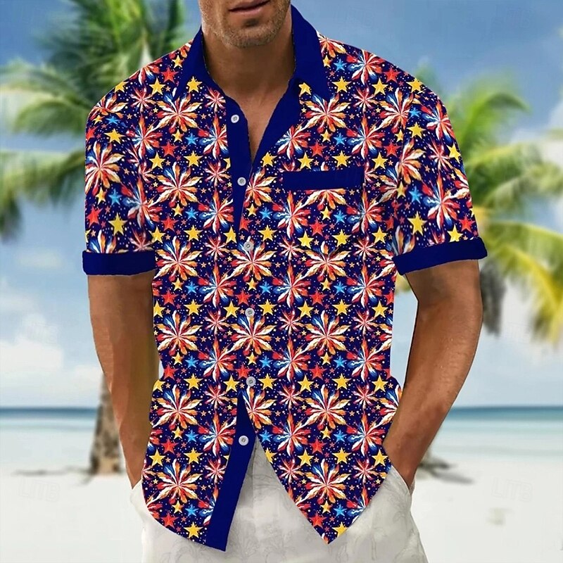 Independence Day Men's American US Flag Patriotic Fireworks Shirt Summer Shirt Button Up Shirt Short Sleeve Fashion Casual Holiday Summer Spring Turndown 3D Print Collared Shirts Front One Pocket