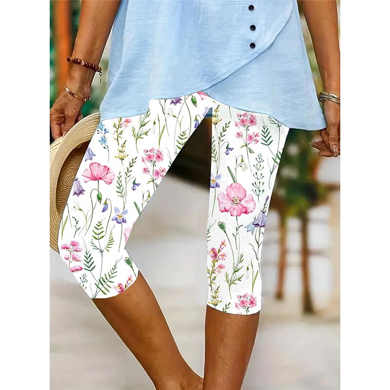 Women's Leggings Vacation Vintage Fashion Calf-Length High Waist Floral Graphic Leaf Printing Breathable Soft Stretchy Formal Outdoor Vacation Robin's Egg Blue Pink Summer Spring Slim Fit