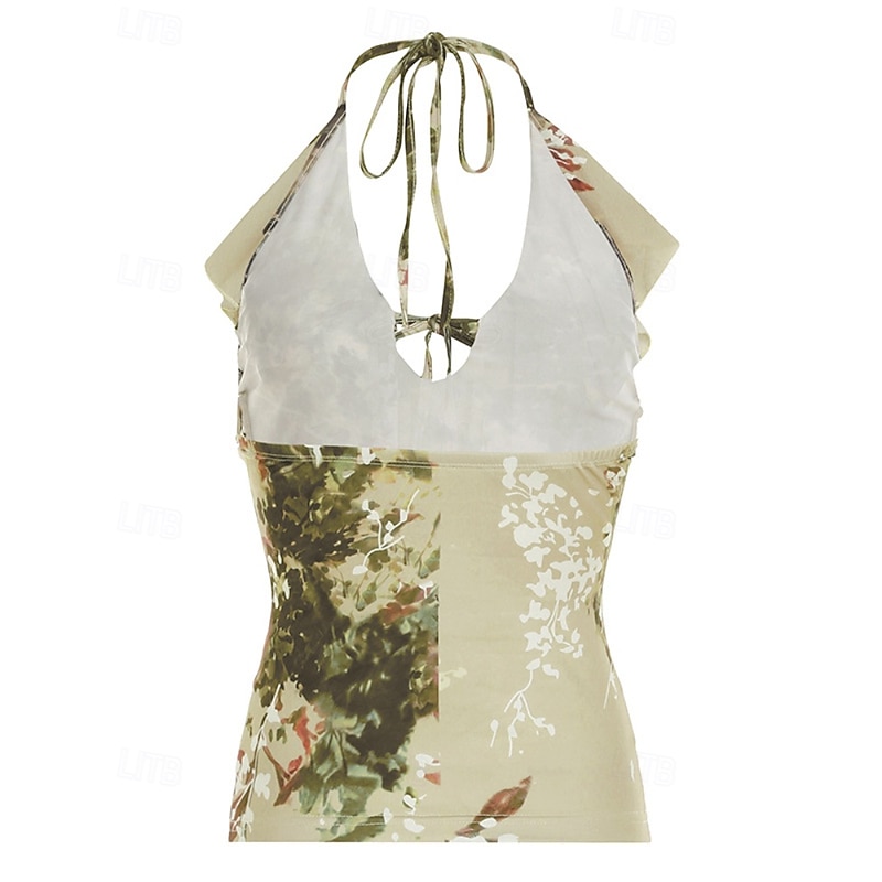 Women's Boho Shirt Blouse Flower Modern Boho Sleeveless Halter Neck Regular Tops Daily Holiday Going out Backless Print Green Summer3