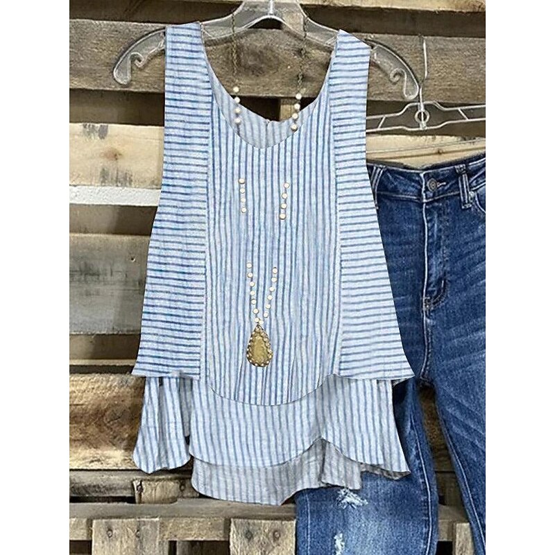 Women's Blouse Graphic Striped Elegant Ladies Romantic Sleeveless V Neck Regular Tops Daily Patchwork Print Blue Summer Spring