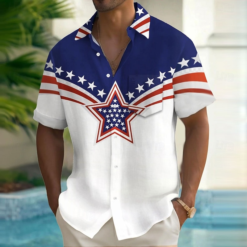 Independence Day Men's American US Flag Stars Patriotic Shirt Summer Shirt Button Up Shirt Short Sleeve Fashion Casual Holiday Summer Spring Turndown 3D Print Collared Shirts Front One Pocket White