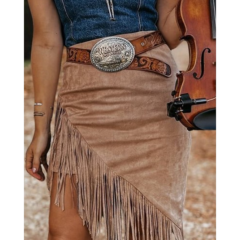 Women's Skirt Bohemia Fashion Boho Midi Mid Rise Skirts Plain Tassel Fringe Micro-elastic Vacation Street Light Brown Summer Polyester2