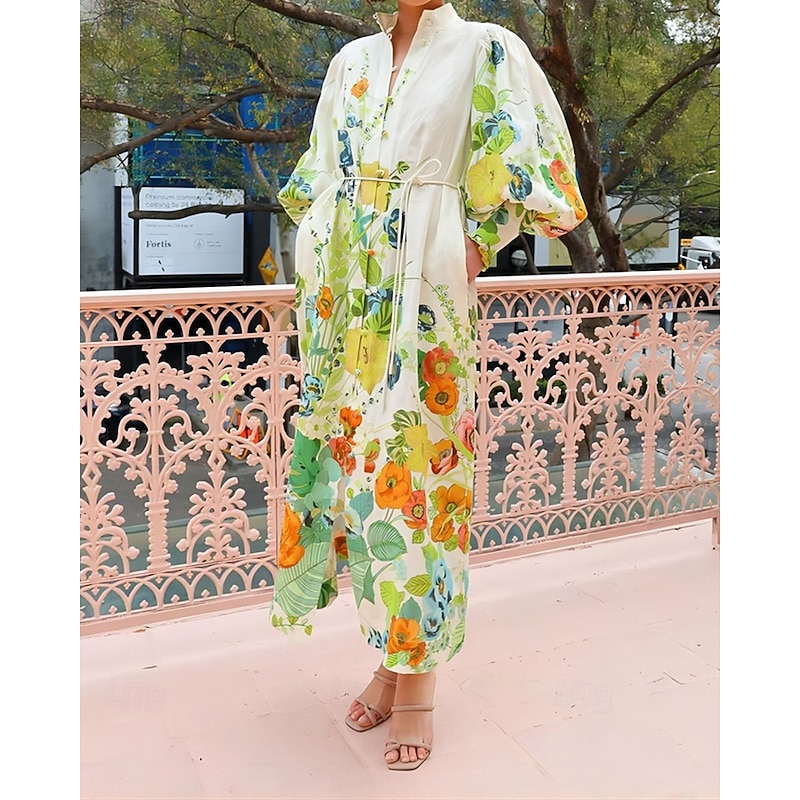 Women's Long Dress Maxi Dress Cotton Linen Dresses Casual Dress Fashion Puff Sleeve Outdoor Party Holiday Regular Fit Flower Long Sleeve Shirt Collar Green Summer
