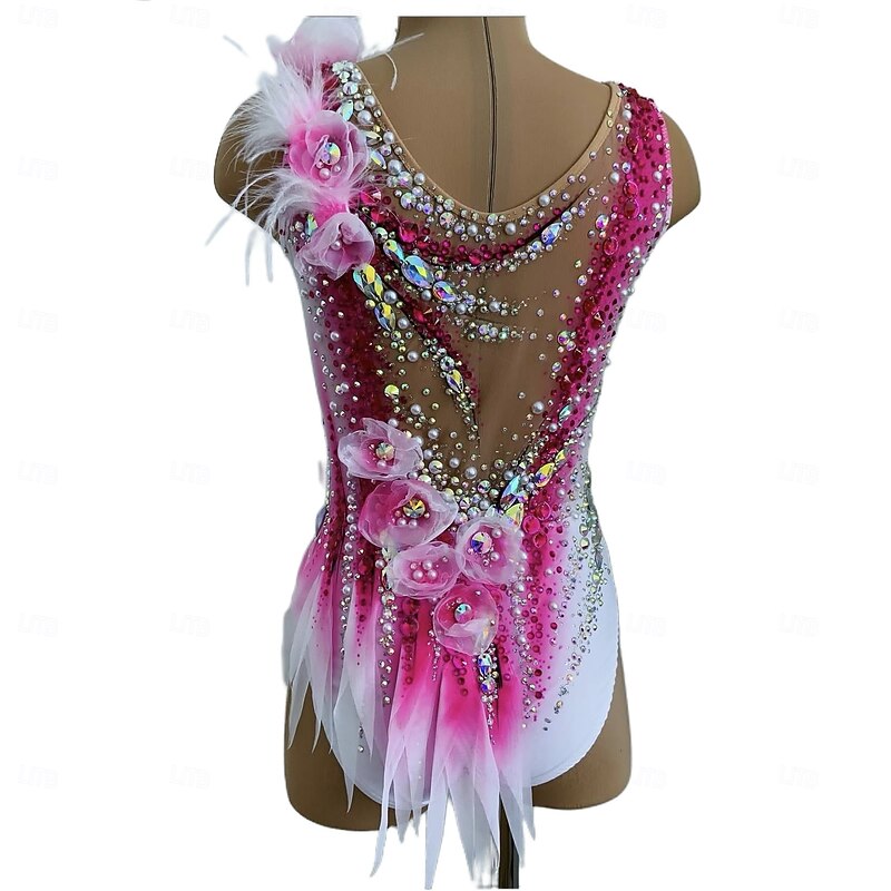 Rhythmic Gymnastics Leotard Women's Girls' Ice Skating Gymnastics Leotard Peach Thumbhole Halo Dyeing High Elasticity Professional Competition Skating Wear Crystal / Rhinestone Sleeveless Ice Skating Figure2
