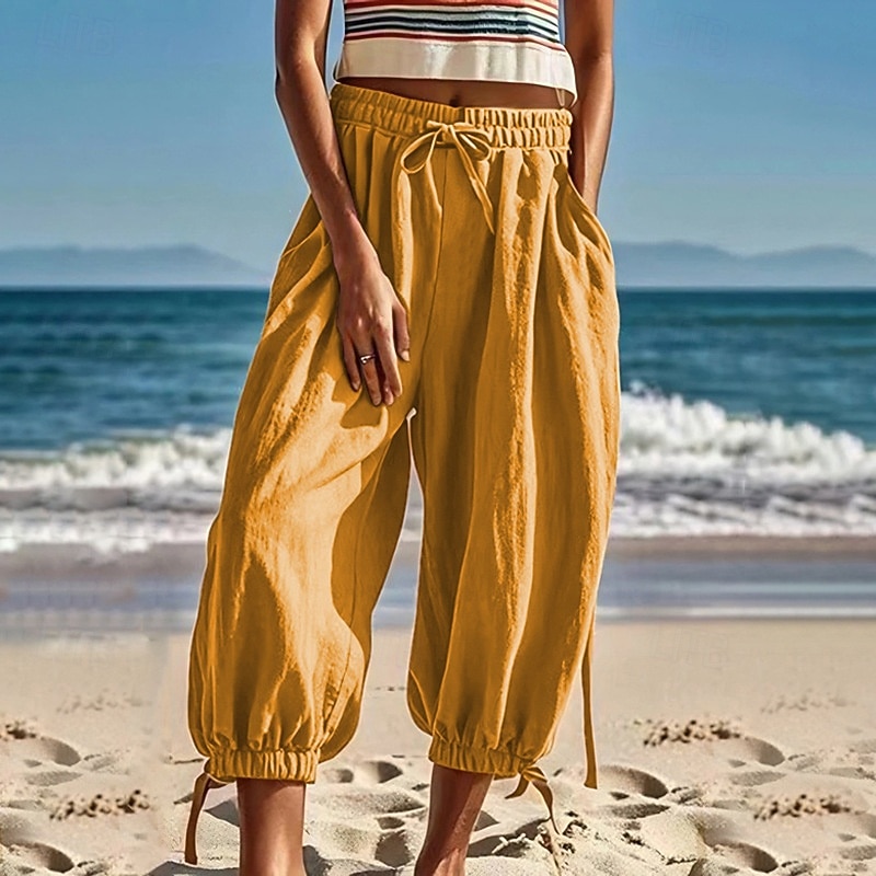 Women's Cotton Linen Pants Slacks Fashion Streetwear Full Length Natural Plain Pocket Elastic Drawstring Design Outdoor Comfortable Street Going out Ginger Summer Regular Fit