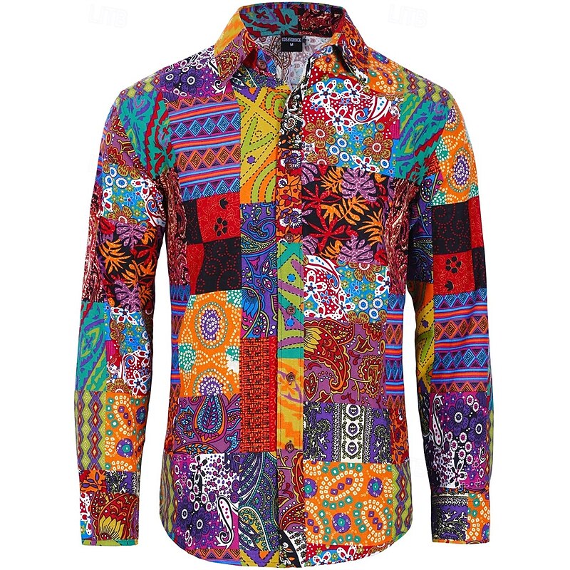 Retro Vintage Boho 1970s Shirt Hippie Patchwork Psychedelic Fancy Dress Men's Halloween Carnival Street Dance Retro Theme Party Festival Adults' Shirt