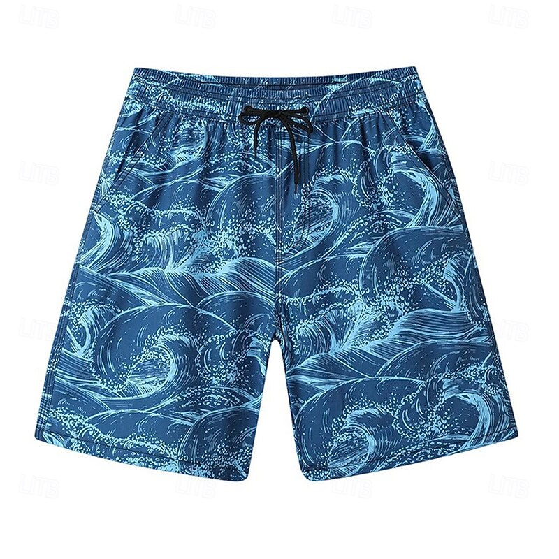 Men's Shorts Beach Shorts Drawstring Ocean Abstract Abstract Art Quick Dry Outdoor Knee Length Outdoor Vacation Home Vacation Ethnic Style Lake blue Navy Blue Stretchy2