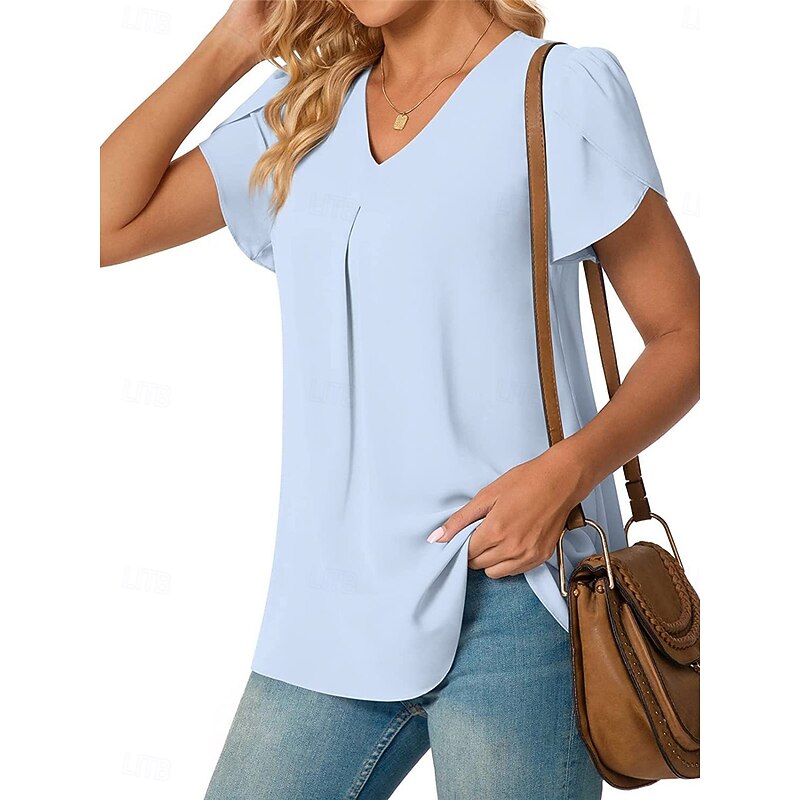 Women's Blouse Solid Color Basic Casual Short Sleeve V Neck Regular Tops Daily Black White Red Navy Blue Blue Summer4
