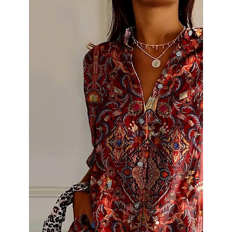 Women's Shirt Button Down Tunic Shirt Collar Long Sleeve Floral Graphic Paisley Bohemia Vintage Western Regular Tops Daily Holiday Vacation Wear s Print Maroon Blue Rose Pink Spring2