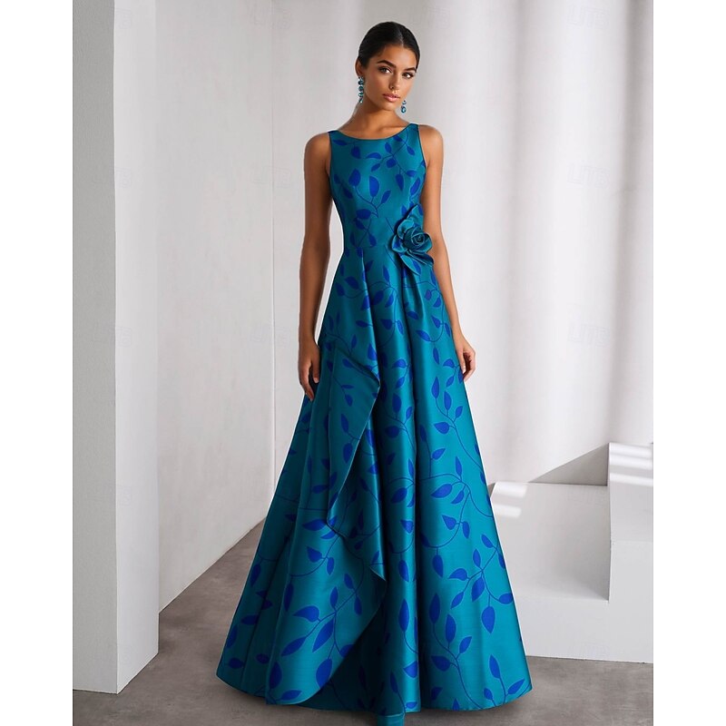 A-Line Evening Gown Elegant Dress Formal Wedding Floor Length Sleeveless Boat Neck Pocket Satin with Floral Print Wedding Guest Dress