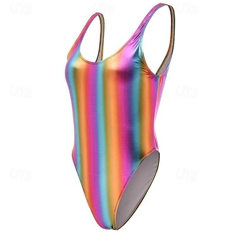 Retro Vintage 1980s Rave Swimsuit One Piece Bodysuits Disco Shiny Latex Patent Metallic Rainbow Fancy Dress Women's Halloween Carnival Music Festival Beach Vacation Wear Pride Parade Adults' Leotard2