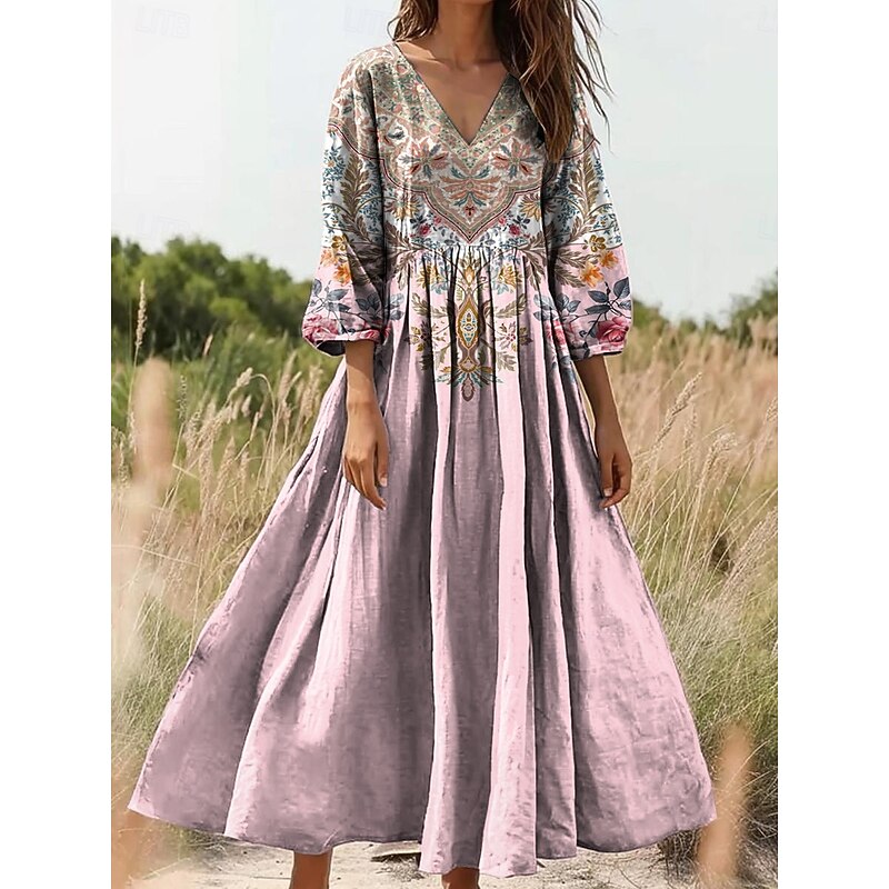 Women's Maxi Dress Sundress A Line Dress Pleated Dress Vacation Casual Boho Going out Standard Fit Floral Graphic Paisley 3/4 Length Sleeve V Neck Pink Red Blue Orange Summer Spring4