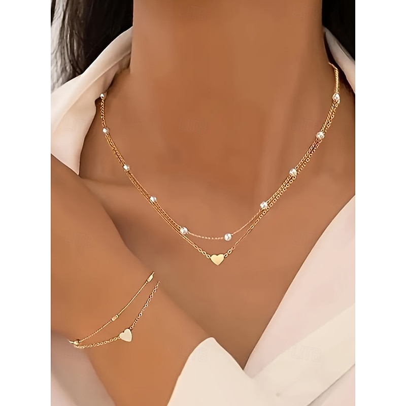 Women's Gold Heart Pendant Necklace and Bracelet Set – Dainty Layered Chain with Pearl Beads, Elegant Romantic Jewelry for Gifts, Weddings, and Everyday Wear