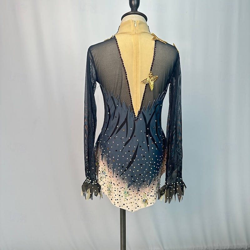 Figure Skating Dress Women's Girls' Ice Skating Dress Outfits Blue Patchwork Mesh Spandex High Elasticity Training Practice Competition Skating Wear Handmade Crystal / Rhinestone Long Sleeve Ice3