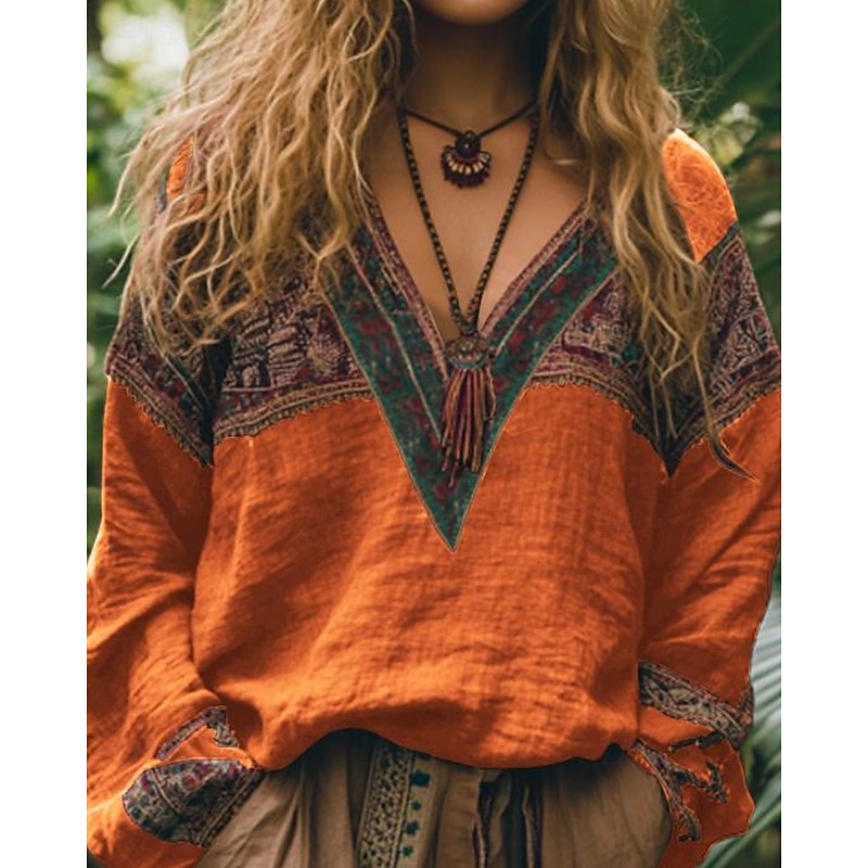 Women's Boho Shirt Blouse Flower Modern Boho Long Sleeve V Neck Regular Tops Holiday Going out Print Black Red Orange Dark Gray Apricot Summer