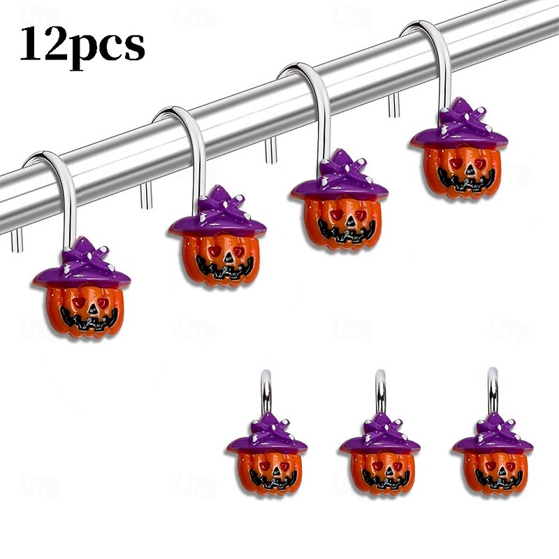 Halloween Shower Curtain Hooks for Halloween Bathroom Decor Rustproof Stainless Steel Shower Curtain Rings Hangers Set of 12, Witch Hat Pumpkin Bathroom Accessories Set3