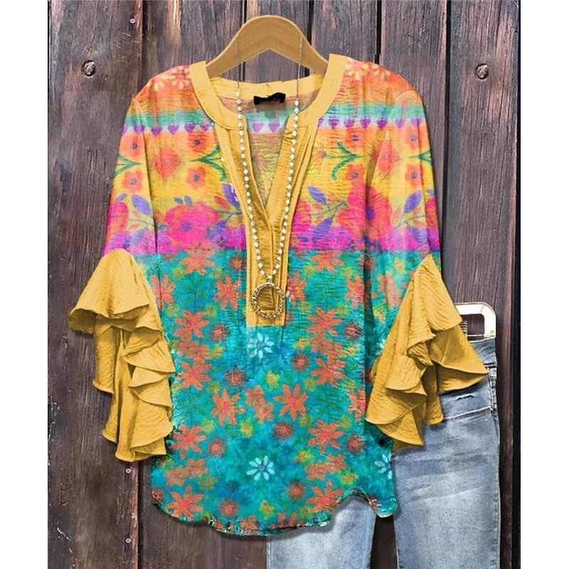 Women's Blouse V Neck Layered Ruffle Sleeve Tops Floral Graphic Bohemia Vintage Daily 3/4 Length Sleeve Regular Tops Daily Holiday Vacation Wear Print Yellow Green Light Blue Summer Spring Fall3