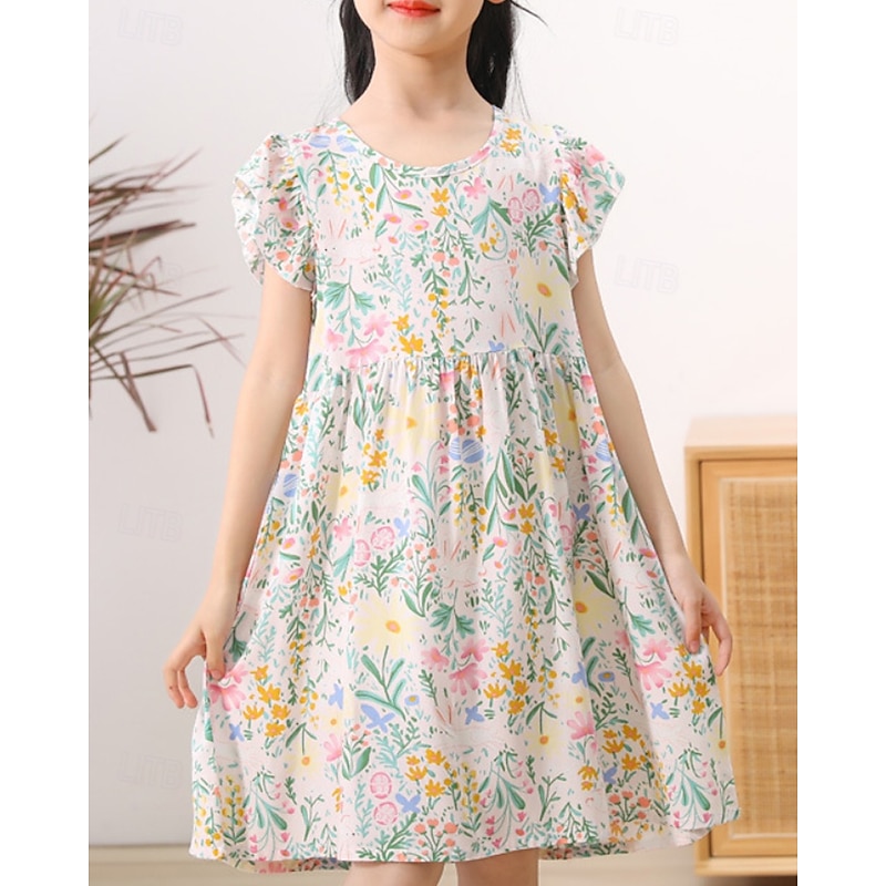 Kids Girls' Dress Flower Short Sleeve Outdoor Ruched Adorable Basic Cotton Knee-length Casual Dress Floral Dress Summer 4 years+ Light Pink White Yellow2