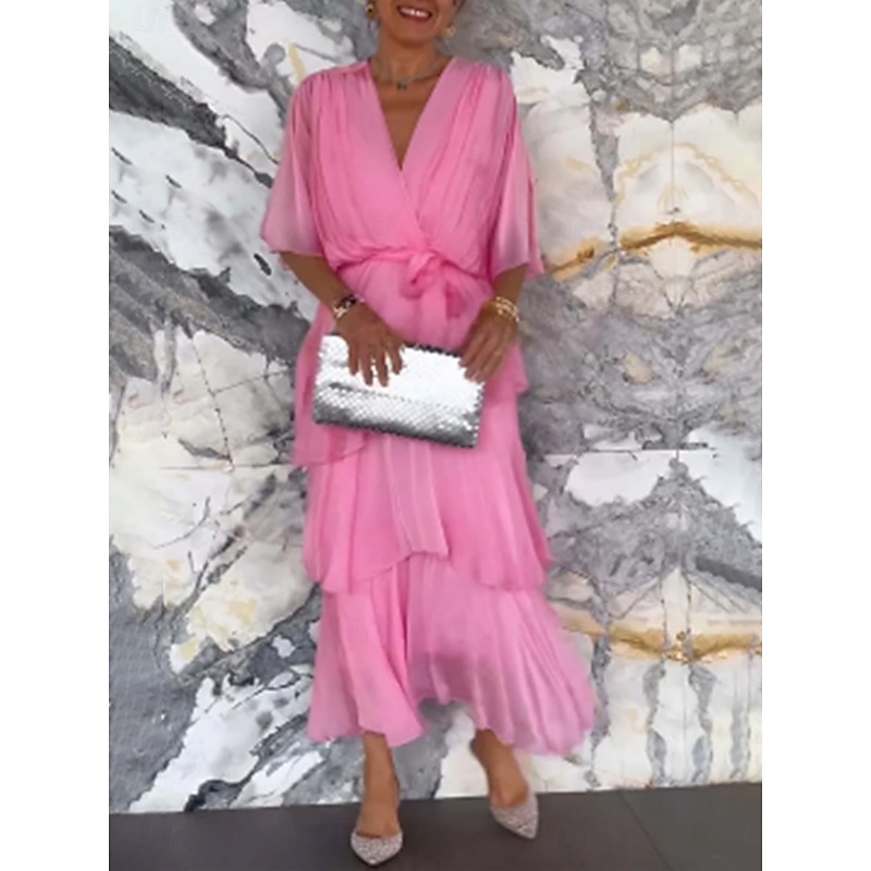 Women's Maxi Dress A Line Dress Solid Color Summer Dress Ruffle Dress Casual Daily Regular Fit Graphic Half Sleeve V Neck Pink Navy Blue Blue Fuchsia Summer4