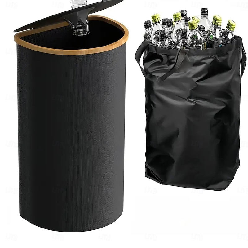 Recycling Bin for Kitchen Indoor Home, 100L D-Shaped Foldable Trash Can with Bamboo Frame, Oxford Fabric, Removable Polyester Inner Bags, 5 Rod Support, Ideal Waste Sorter for Bedroom Dorm Hotel