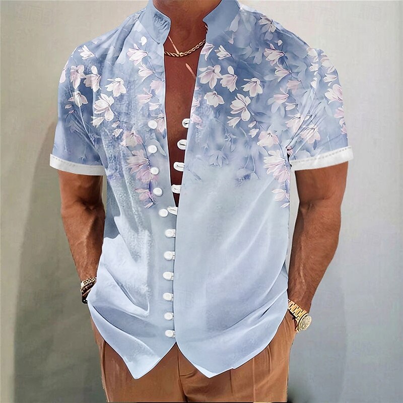 Men's Coconut Tree Tropical Plants Summer Hawaiian Shirt Aloha Shirt Stand Collar Shirt Short Sleeve Hawaiian Vacation Beach Wear Summer Spring Mandarin Collar 3D Print Button Down Shirts Pink Blue2